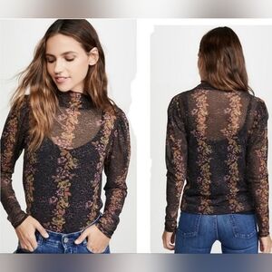 Free People Size L Amber Floral Lace Long Sleeve Sheer Top